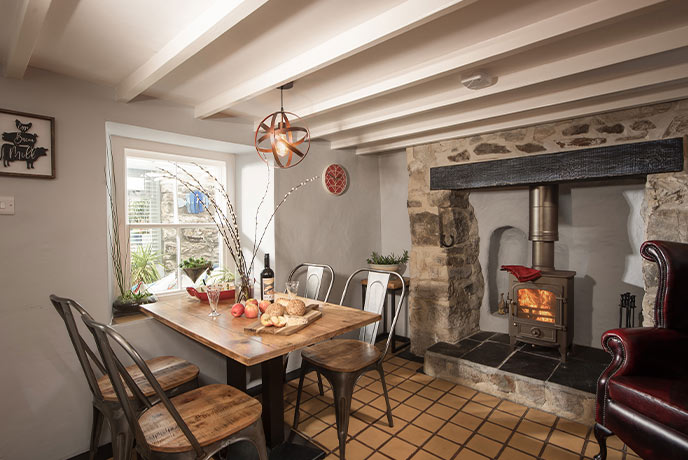 Cosy living area inside Bakery Cottage in Cornwall