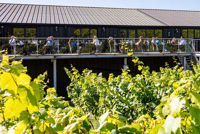 People sit along the terrace at Bolney Wine Estate looking out over the stunning Sussex vineyard