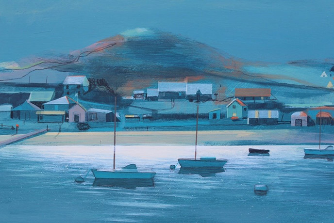 A painting of boats in the sea around the Isles of Scilly by Alasdair Lindsay