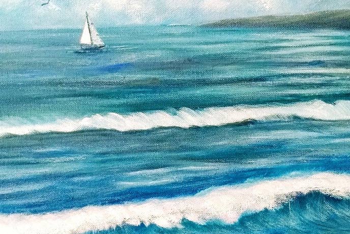 A painting of a boat in the sea by Charlotte Trevains