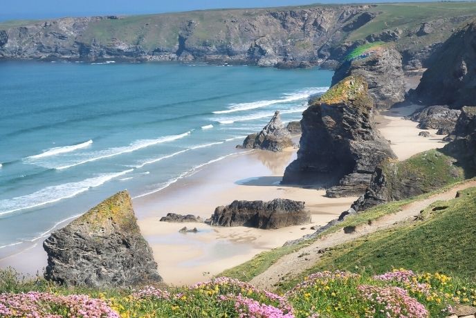 The beautiful beach and dramatic granite stacks at Bedruthan Steps on the north coast of Cornwall