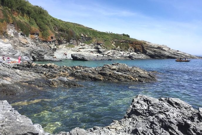 Looking over the rocks and pools at Prussia Cove in Cornwall