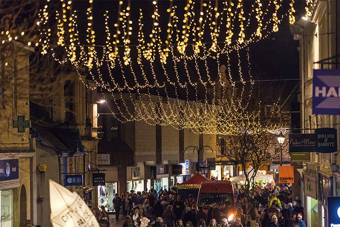 The sparkling Christmas lights during late night shopping in Truro