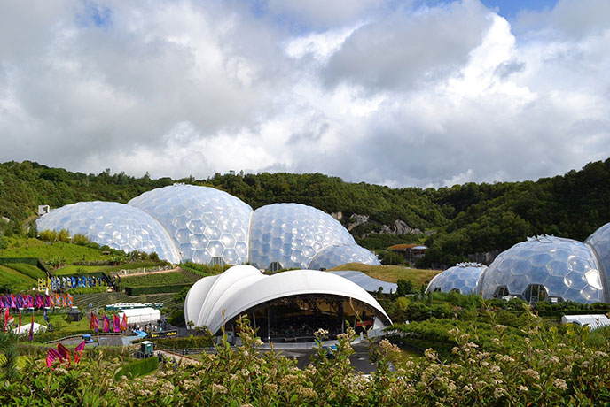 The huge Eden Sessions stage sitting in front of the biomes at the Eden Project