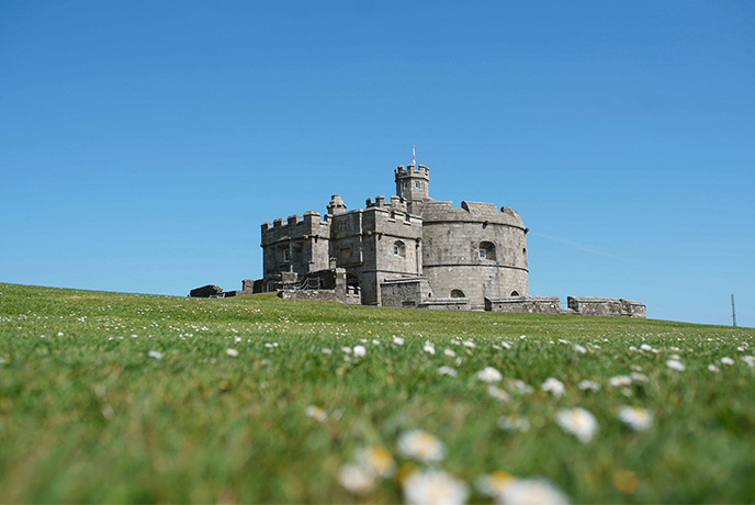 Looking up the daisy-dotted field at Pendennis Castle in Cornwall