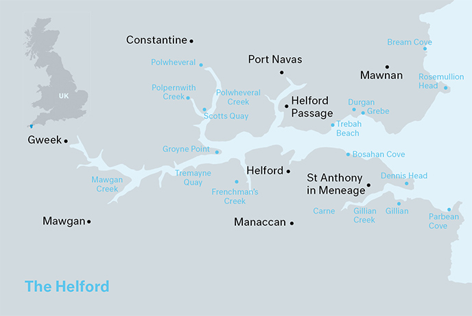 A map of the Helford River, with villages and beaches marked