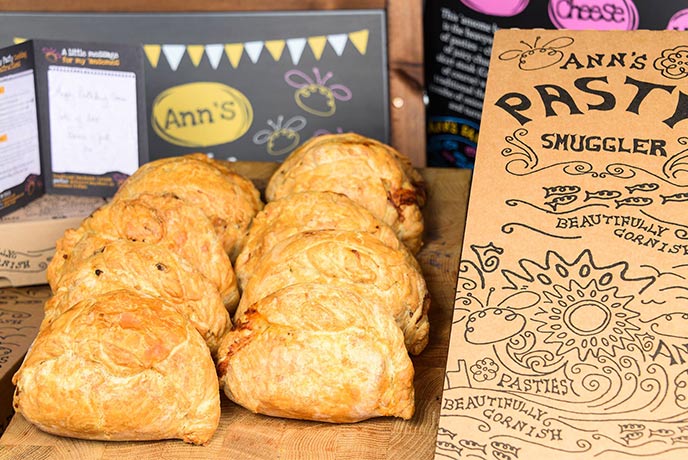 A selection of Cornish pasties and Ann's Pasties' amazing boxes