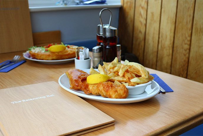 A plate of fish and chips from Balancing Eel in St Ives
