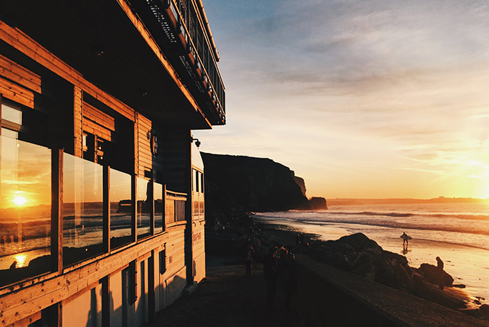 Sunset over Watergate Bay and The Beach Cafe