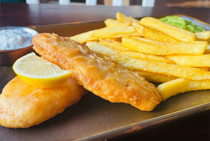 A plate of vegan fish and chips from The Cornish Vegan in Cornwall