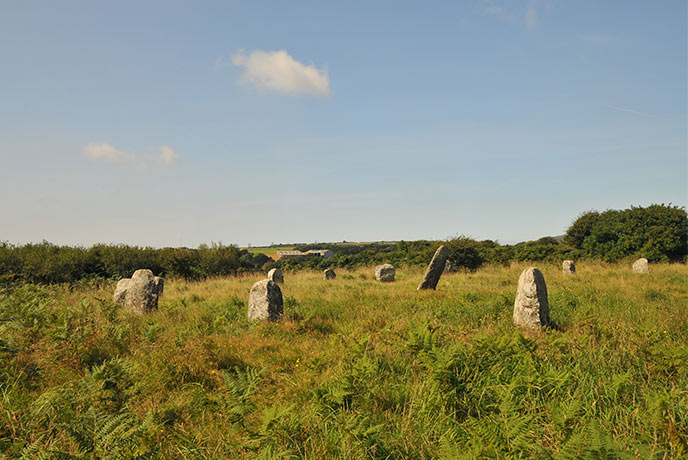The stone circle at Boscawen-Un near Goldherring ancient village in Cornwall