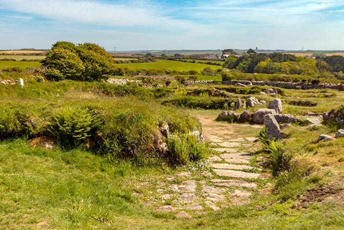 Ancient remnants of a prehistoric village etched into the countryside of Cornwall