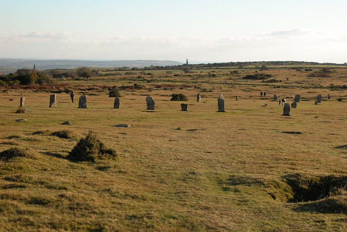 Looking out over the moors at the Hurlers stone circle in Cornwall