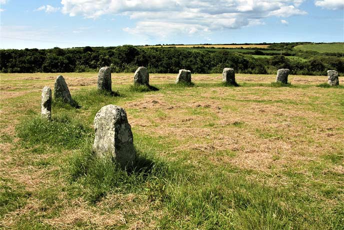 The ancient stones at the Merry Maidens stone circle in Cornwall