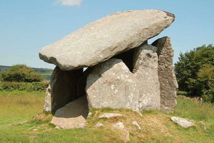 The balancing ancient stones at Trethevy Quoit in Cornwall