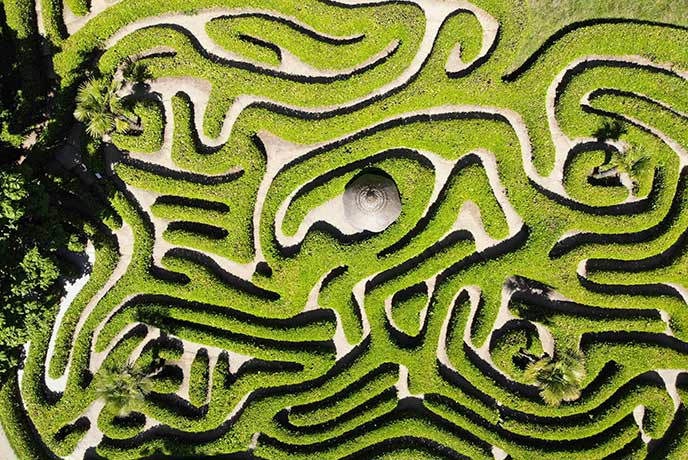 A bird's eye view of the maze at Glendurgan gardens in Cornwall