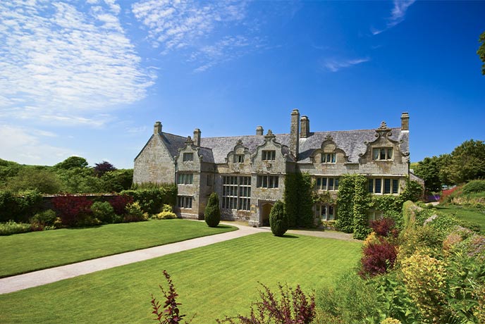 The beautiful exterior and manicured gardens at Trerice in Cornwall