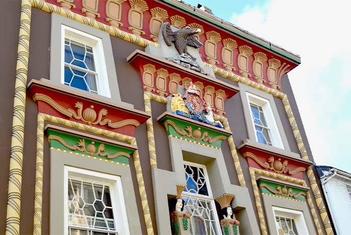 The famously unusual Egyptian House in Cornwall, with colourful, Egyptian-inspired décor and paint