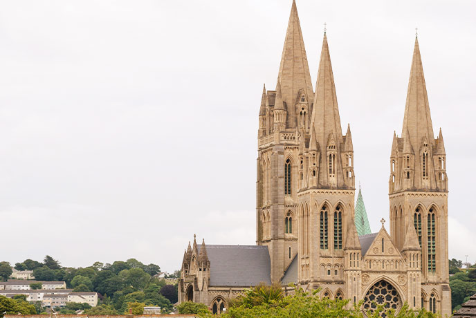 The spires of Truro Cathedral towering over the Cornish city of Truro
