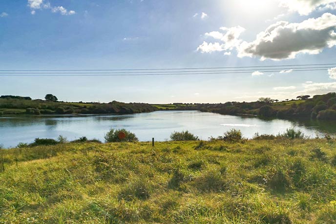 Looking over a field at the shimmering waters of Argal Lake in Cornwall