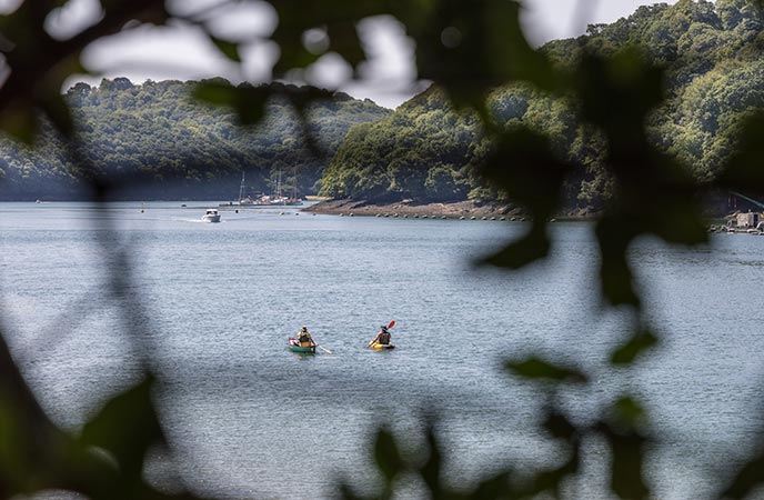 People kayaking across the water surrounding the Roseland Peninsula