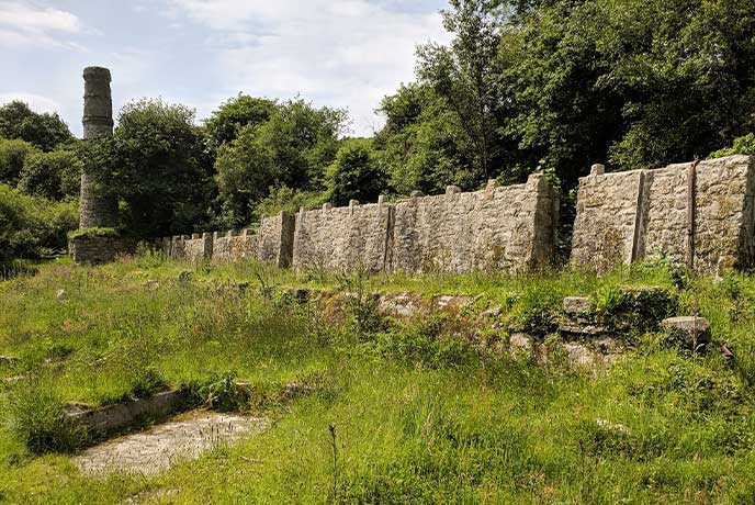 Ancient walls and a tower at Tregargus Valley in Cornwall