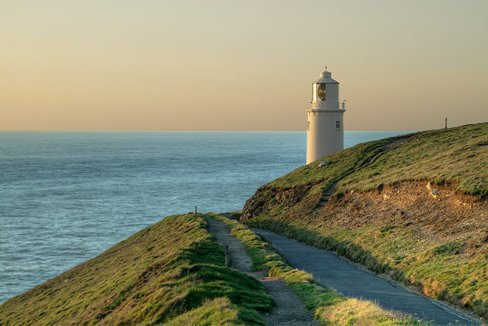 The impressive Trevose Head Lighthouse in Cornwall at dusk