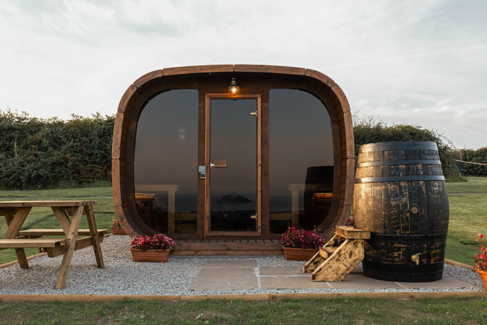 The wood-fired sauna at Mount View Retreat in Cornwall overlooking St Michael's Mount