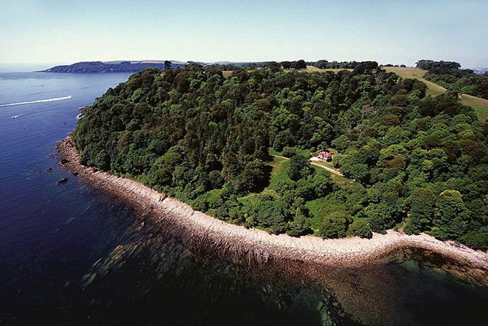 A bird's eye view of Lady Emma's Cottage nestled in the Mount Edgcumbe Country Park