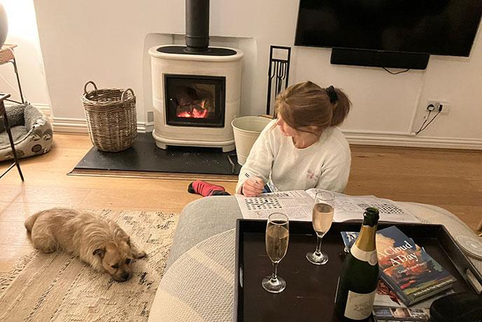 Crossword by the fire at Well Cottage