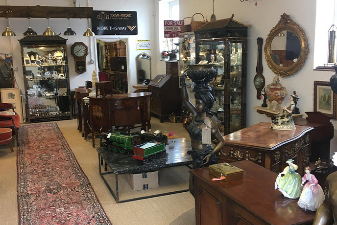 The showroom full of antiques at Cougar Antiques & Vintage Emporium in Cornwall