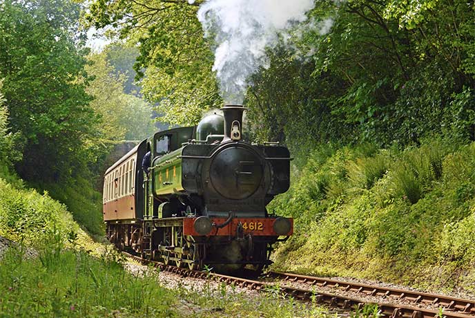 A beautiful steam train travelling through some trees along Bodmin Railway in Cornwall