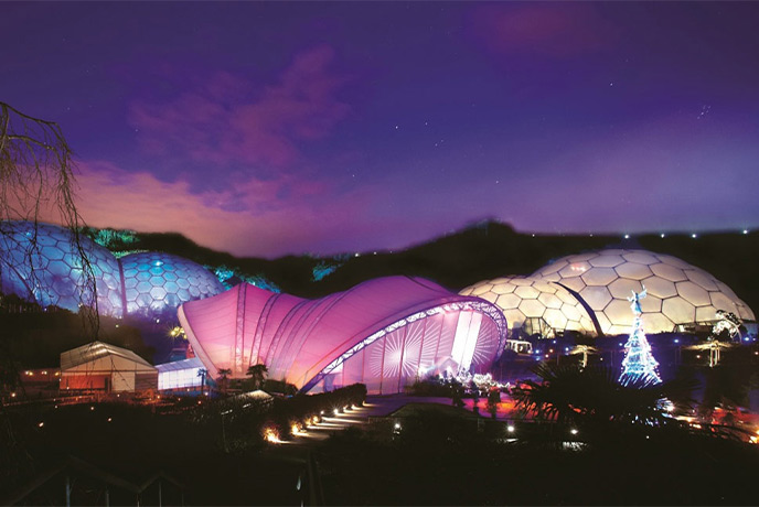The biomes at the Eden Project lit up for Christmas