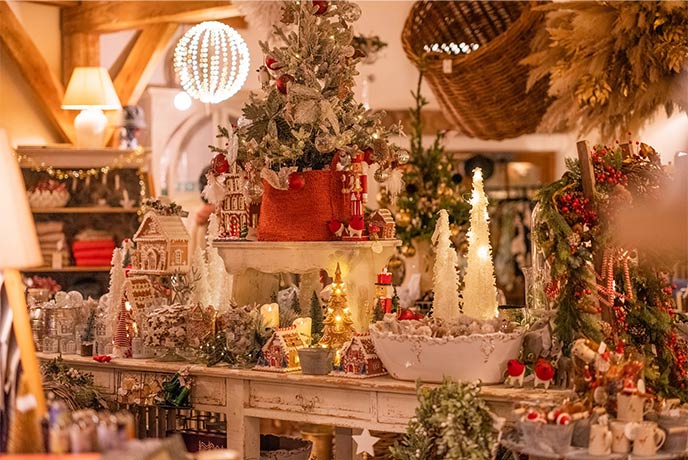 Lots of Christmas decorations for sale at Duchy of Cornwall Nursery