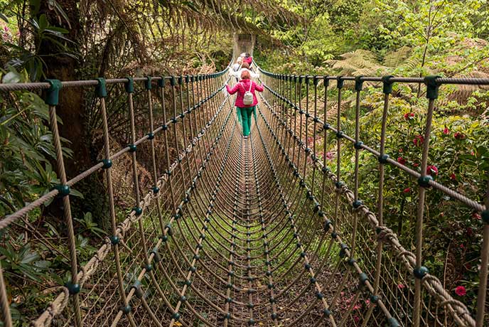Someone walking across the rope bridge at The Lost Gardens of Heligan in Cornwall