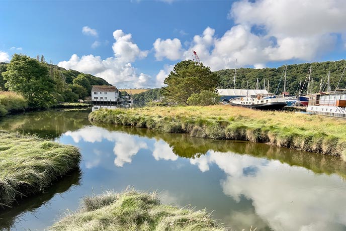 Looking across the grass and water at a cottage in the pretty village of Gweek in Cornwall