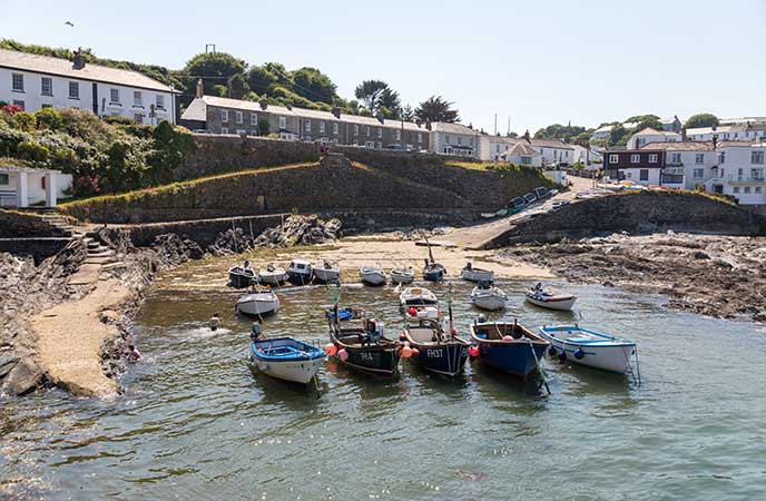 The little harbour backed by cottage at Portscatho on the Roseland Peninsula