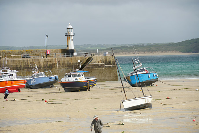 St Ives Harbour with boats at low tides