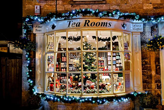 A tearoom decorated for Christmas in Broadway