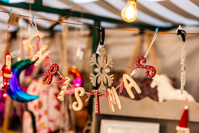 Pretty decorations on display at the Moreton-in-Marsh Christmas Market in the Cotswolds