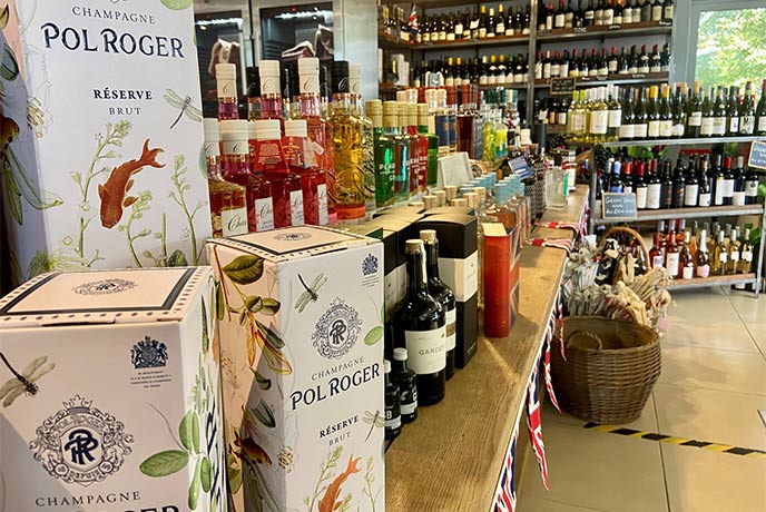 A selection of champagne and other goodies on display at Teddington Stores in the Cotswolds