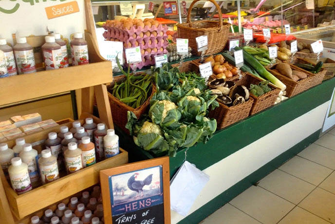 A selection of fruit and veg on display in the farm shop at Butts Farm Rare Breeds