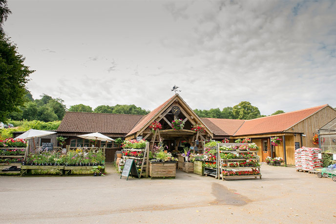 The pretty exterior of Wotton Farm Shop in the Cotswolds, which is surrounded by beautiful flowers