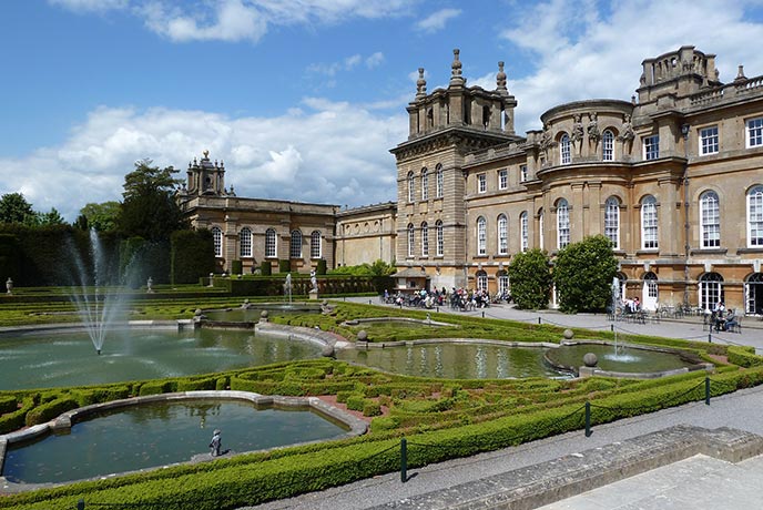 Blenheim Palace with one of its many impressive water features in the foreground