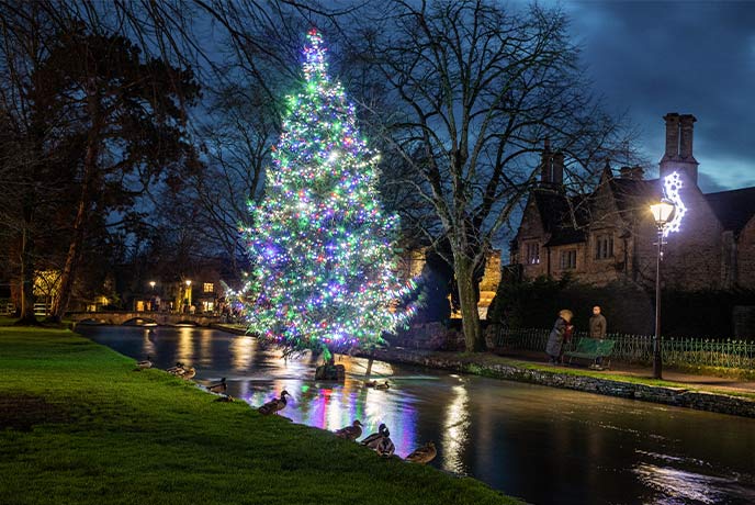 The famous Christmas tree at Bourton-on-the-Water in the middle of the river at night