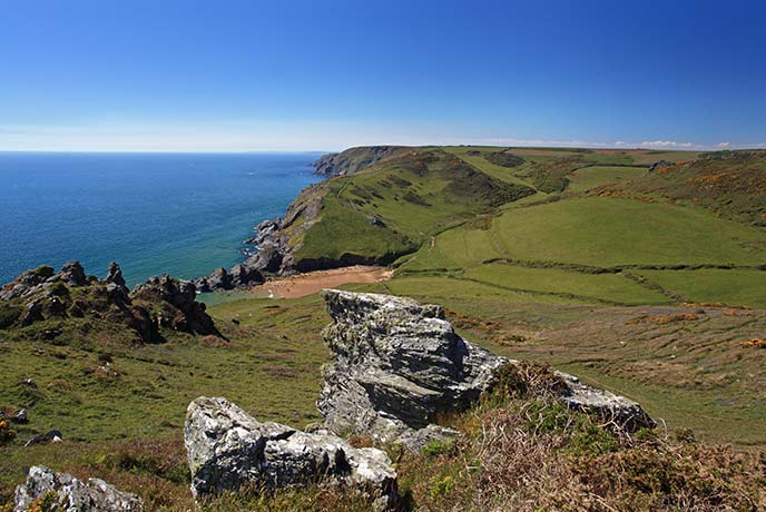 Looking across the cliffs of the South West Coast Path in Devon at Soar Mill Cove