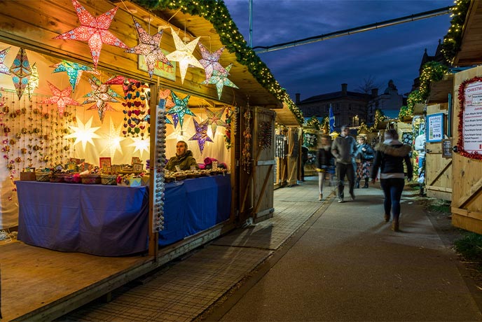 The many festive stalls at the Exeter Christmas Market