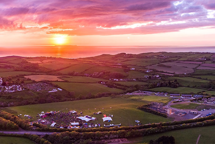 A bird's eye view of the Pigstock festival at sunset