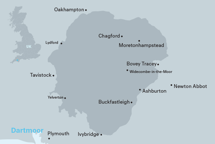 A map of Dartmoor highlighting the main towns and villages