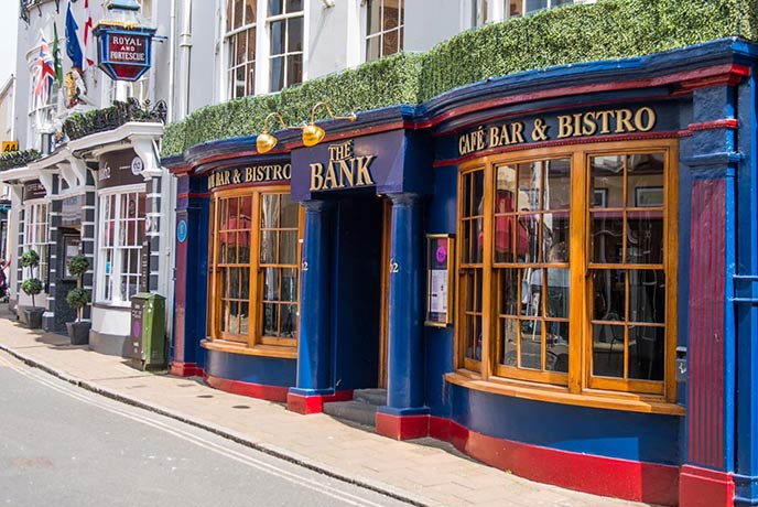 The deep blue exterior of 62 The Bank and Bar, one of the best places to eat in North Devon